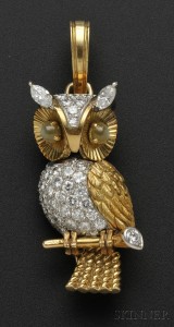 Diamond and Cats eye Chrysoberyl Owl Pendant Brooch Cartier Skinner