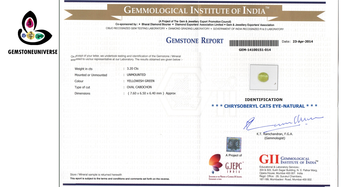 GII issued certificate of Cats Eye Chrysoberyl