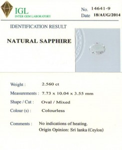 Unheated White Sapphire Certificate