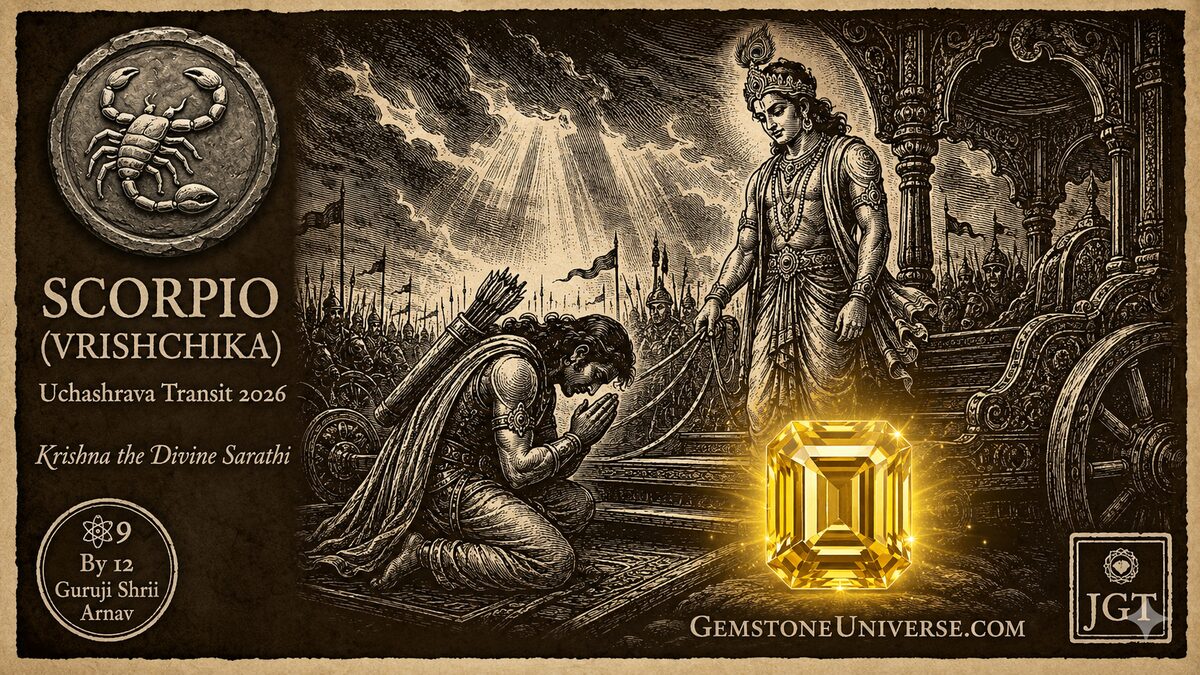 Scorpio Vrishchika Jupiter Transit Cancer 2026 - Krishna the Divine Sarathi - Yellow Sapphire - Guruji Shrii Arnav GemstoneUniverse
