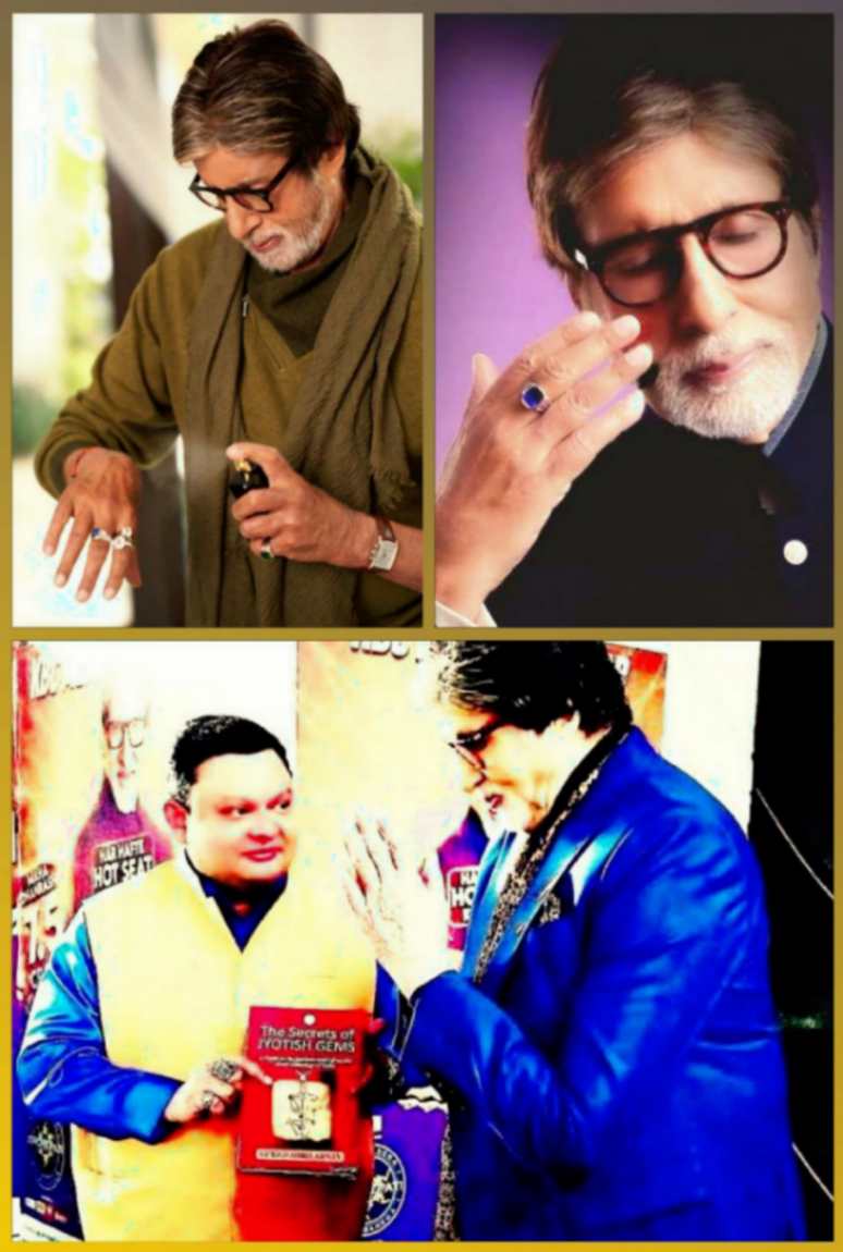 Guruji Shrii Arnav with Amitabh Bachchan holding a blue sapphire gemstone and discussing creative fragrance work.